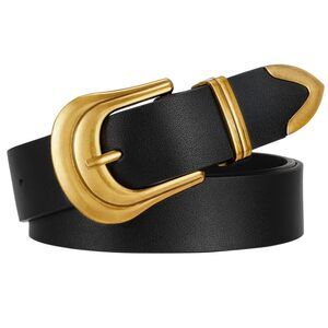 Women's Leather Belt Plus Size Ladies Western Belt Silver Gold Buckle Black🐤